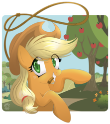 Size: 1226x1386 | Tagged: safe, artist:nabbiekitty, applejack, earth pony, pony, g4, female, lasso, mare, mouth hold, simple background, solo, transparent background, tree