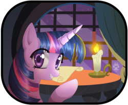 Size: 859x705 | Tagged: safe, artist:nabbiekitty, twilight sparkle, pony, unicorn, g4, candle, female, scroll, solo, table, unicorn twilight, window