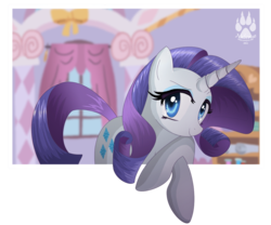 Size: 1016x844 | Tagged: safe, artist:nabbiekitty, rarity, pony, unicorn, g4, carousel boutique, curtains, female, fourth wall, solo, window