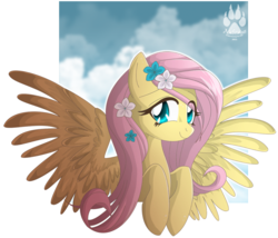 Size: 1068x916 | Tagged: safe, artist:nabbiekitty, fluttershy, pegasus, pony, g4, bust, cloud, female, flower, flower in hair, meghan trainor, paws, sky, solo, spread wings