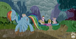 Size: 1500x768 | Tagged: dead source, safe, artist:nabbiekitty, rainbow dash, pegasus, pony, g4, female, mud, rain, sad, solo