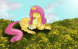 Size: 900x567 | Tagged: safe, artist:snakehands, fluttershy, posey, g1, g4, baby, babyshy, cuddling, cute, daaaaaaaaaaaw, diaper, field, flower, foal, g1 to g4, generation leap, smiling