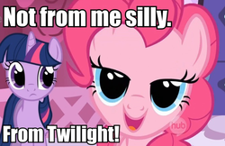 Size: 671x436 | Tagged: safe, pinkie pie, twilight sparkle, g4, bedroom eyes, bronybait, cuddling, image macro