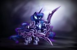 Size: 2048x1350 | Tagged: safe, artist:zedrin, princess luna, pony, g4, armor, crossover, female, glowing eyes, league of legends, nocturne, solo, sword, warrior luna