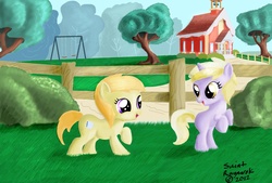 Size: 2115x1431 | Tagged: safe, artist:awildfantasy, dinky hooves, noi, pony, g4, duo, female, fence, filly, grass field, playing, ponyville schoolhouse, swing