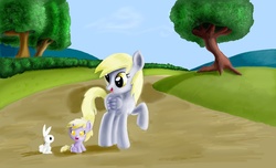 Size: 2520x1530 | Tagged: safe, artist:awildfantasy, angel bunny, derpy hooves, dinky hooves, pegasus, pony, g4, baby, baby dinky hooves, diaper, equestria's best mother, female, foal, mare