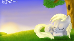 Size: 1380x768 | Tagged: safe, artist:awildfantasy, derpy hooves, pegasus, pony, g4, female, mare, sleeping, solo, tree