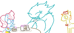 Size: 840x384 | Tagged: safe, artist:weaver, carrot cake, cup cake, oc, oc:gilou, g4, cake, monster, monstro village, non-mlp oc, simple background, sweat, white background