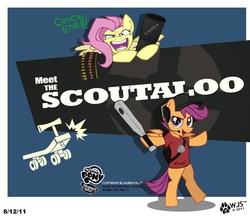Size: 1031x889 | Tagged: safe, artist:wolfjedisamuel, fluttershy, scootaloo, pegasus, pony, g4, baseball bat, bipedal, duo, flutterrage, heavy weapons guy, heavyshy, meet the scout, minigun, scooter, scout (tf2), scoutaloo, team fortress 2, you're going to love me