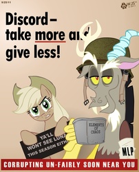 Size: 852x1057 | Tagged: safe, artist:wolfjedisamuel, applejack, discord, g4, poster