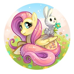 Size: 600x600 | Tagged: safe, artist:flying-fox, angel bunny, fluttershy, pegasus, pony, rabbit, g4, animal, aside glance, duo, female, flower, folded wings, holding, looking at you, lying down, mare, partial background, prone, smiling, wings