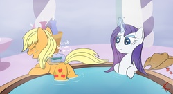 Size: 1671x909 | Tagged: safe, artist:crade, applejack, rarity, earth pony, pony, unicorn, g4, alternate hairstyle, bath, bathing, blushing, brushie, butt, duo, eyes on the prize, grooming, loose hair, missing accessory, plot, raised tail, scrubbing, shipping fuel, spa, wet, wet mane, wet mane rarity