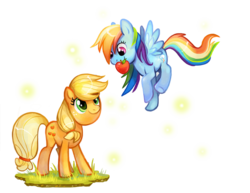 Size: 792x612 | Tagged: safe, artist:flying-fox, applejack, rainbow dash, earth pony, pegasus, pony, g4, apple, female, fibonacci get, flying, food, lesbian, mare, mouth hold, ship:appledash, shipping, simple background, transparent background