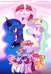 Size: 2026x2961 | Tagged: safe, artist:pekou, applejack, fluttershy, pinkie pie, princess celestia, princess luna, rainbow dash, rarity, twilight sparkle, oc, oc:fausticorn, alicorn, earth pony, pegasus, pony, unicorn, g4, alicorn oc, chubbie, female, horn, lauren faust, mare, poster, wings