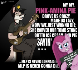 Size: 1320x1185 | Tagged: safe, artist:wolfjedisamuel, pinkie pie, oc, oc:wolfjedisamuel, g4, american pie, baseball cap, cap, clothes, don mclean, furry, guitar, hat, hoof hold, meme, op failed at starting shit, op is a duck, op is trying to start shit, pants, parody, pinkamena diane pie, shirt, smiley face, song reference, tail, trollface