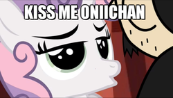 Size: 654x370 | Tagged: safe, artist:mixermike622, sweetie belle, pony, g4, bedroom eyes, caption, dan, duckface, female, filly, image macro, imminent kissing, oniichan, text