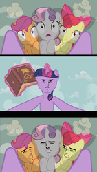 Size: 2560x4535 | Tagged: safe, edit, edited screencap, screencap, apple bloom, scootaloo, sweetie belle, twilight sparkle, earth pony, pegasus, pony, unicorn, g4, lesson zero, cutie mark crusaders, female, filly, foal, implied foalcon, yaranaika