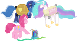 Size: 2605x1394 | Tagged: safe, pinkie pie, princess celestia, princess luna, g4, crossover