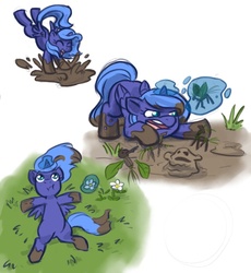 Size: 644x700 | Tagged: safe, artist:robd2003, princess luna, pony, moon-fall, g4, comic, cute, dirty, female, filly, grass, magic, mud, on back, playing, solo, woona, younger