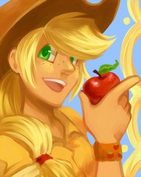 Size: 600x750 | Tagged: safe, artist:t1mco, applejack, human, g4, apple, female, food, humanized, solo