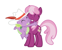 Size: 3500x2831 | Tagged: safe, artist:geekywebman, artist:noirpony, cheerilee, spike, dragon, earth pony, pony, g4, duo, female, hat, high res, hug, male, mare, simple background, transparent background