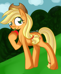 Size: 537x645 | Tagged: safe, artist:annakat101, applejack, earth pony, pony, g4, female, hoof hold, obligatory apple, solo