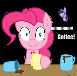 Size: 723x712 | Tagged: safe, edit, pinkie pie, twilight sparkle, earth pony, pony, unicorn, g4, coffee, pinkie found the coffee, this will end in tears, unicorn twilight, xk-class end-of-the-world scenario