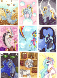 Size: 900x1222 | Tagged: safe, artist:mazzy-elf, derpy hooves, discord, nightmare moon, pinkie pie, princess celestia, princess luna, rainbow dash, zecora, pegasus, pony, zebra, g4, female, mare, traditional art