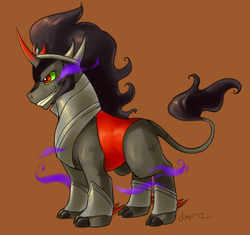 Size: 551x518 | Tagged: safe, artist:jiayi, king sombra, classical unicorn, pony, unicorn, g4, season 3, the crystal empire, cloven hooves, colored fetlocks, crystal empire, horn, leonine tail, male, orange background, season 3 villain, simple background, solo, unshorn fetlocks