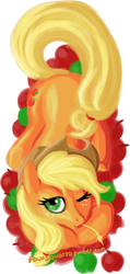 Size: 1234x2599 | Tagged: safe, artist:fauxsquared, applejack, earth pony, pony, g4, apple, female, food, prone, solo, wink