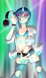 Size: 473x797 | Tagged: safe, artist:zoe-productions, dj pon-3, vinyl scratch, human, g4, belly button, bra, breasts, clothes, female, glasses, headphones, horn, horned humanization, humanized, midriff, solo, underboob, underwear, zettai ryouiki