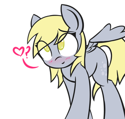 Size: 1892x1794 | Tagged: safe, artist:manicpanda, derpy hooves, pegasus, pony, g4, blushing, cute, derpabetes, eye clipping through hair, featured image, female, heart, looking at you, looking up, no pupils, pictogram, question mark, sexy, simple background, smiling, solo, spread wings, underp