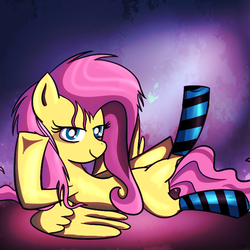 Size: 700x700 | Tagged: safe, artist:roqwrp, fluttershy, pegasus, pony, g4, clothes, featureless crotch, female, messy mane, socks, solo, striped socks, sultry pose