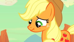 Size: 1263x710 | Tagged: safe, screencap, applejack, earth pony, pony, g4, the last roundup, female, looking down, mare, scrunchy face, solo