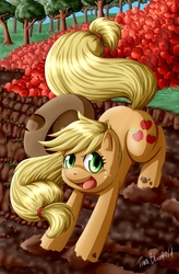 Size: 800x1220 | Tagged: safe, artist:shaami, applejack, earth pony, pony, g4, apple, female, mud, solo, tree