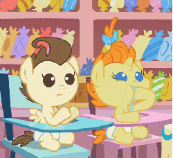 Size: 438x400 | Tagged: safe, screencap, pound cake, pumpkin cake, baby cakes, g4, animated, baby, baby eyes, baby pony, cake twins, chair, cropped, diaper, diapered, diapered colt, diapered filly, diapered foals, highchair, hoof sucking, hungry, i have done nothing productive all day, one month old colt, one month old filly, one month old foals, siblings, twins, white diapers