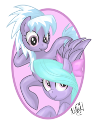 Size: 1146x1492 | Tagged: dead source, safe, artist:viperviolist, cloudchaser, flitter, pegasus, pony, g4, abstract background, duo, duo female, female, mare, signature, simple background, smiling, spread wings, transparent background, wings