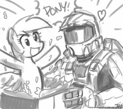 Size: 800x711 | Tagged: safe, artist:johnjoseco, caboose, derpy hooves, human, g4, crossover, grayscale, halo (series), michael j caboose, monochrome, present, red vs blue