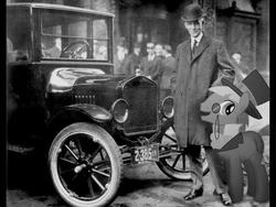 Size: 720x540 | Tagged: safe, edit, caesar, count caesar, human, g4, automobile, car, ford, ford model t, henry ford, irl, monochrome, photo, ponies in real life