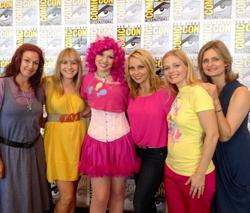 Size: 600x511 | Tagged: safe, artist:aktrez, pinkie pie, human, g4, andrea libman, cathy weseluck, comic con, cosplay, irl, irl human, meghan mccarthy, photo, san diego comic con, tabitha st. germain, tara strong, voice actors