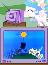 Size: 563x771 | Tagged: safe, princess celestia, alicorn, pony, g4, blank flank, cewestia, cute, cutelestia, exploitable meme, eyes closed, female, filly, happy, meme, open mouth, schoolhouse rock, science rock, silhouette, smiling, spread wings, sun, television, tv meme, walking, wings, younger