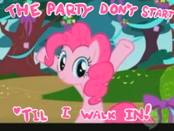 Size: 500x376 | Tagged: safe, edit, edited screencap, screencap, pinkie pie, earth pony, pony, friendship is magic, g4, season 1, blue eyes, caption, female, heart, hooves in air, mare, pink coat, pink fur, pink hair, pink mane, pink pony, pink text, poofy hair, poofy mane, smiling, solo, text