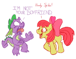 Size: 750x580 | Tagged: source needed, safe, artist:moophins, apple bloom, spike, dragon, earth pony, pony, g4, anti-shipping, chowder, female, filly, greatest internet moments, imminent hape, interspecies, male, open mouth, raised hoof, ship:spikebloom, shipping, shipping denied, simple background, smiling, straight, tongue out, white background, wide eyes, yelling