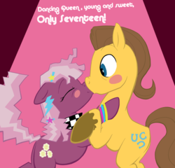 Size: 1250x1200 | Tagged: safe, artist:jakneurotic, caramel, cheerilee, earth pony, pony, g4, 80s, 80s cheerilee, abba, caralee, dancing queen, duo, female, kiss on the lips, kissing, male, mare, ship:cheerimel, shipping, song reference, stallion, straight