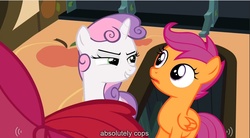 Size: 1279x705 | Tagged: safe, screencap, apple bloom, scootaloo, sweetie belle, g4, cops, cutie mark crusaders, youtube caption