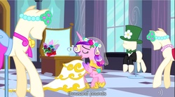 Size: 1280x705 | Tagged: safe, screencap, princess cadance, queen chrysalis, g4, checkered floor, eyes closed, female, flower, mannequin, wedding day aria, window, youtube caption