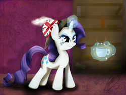 Size: 1600x1200 | Tagged: safe, artist:strabarybrick, rarity, pony, g4, britain, female, hat, magic, solo, tea, union jack