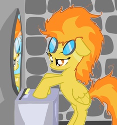 Size: 3360x3600 | Tagged: safe, artist:strabarybrick, spitfire, pony, g4, female, goggles, high res, mirror, solo