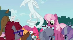 Size: 1280x705 | Tagged: safe, screencap, apple bloom, cheerilee, diamond tiara, discord, scootaloo, silver spoon, snails, snips, twist, earth pony, pony, g4, season 2, the return of harmony, canterlot sculpture garden, statue, youtube caption