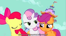 Size: 1279x705 | Tagged: safe, screencap, apple bloom, scootaloo, sweetie belle, g4, cutie mark crusaders, orange county, youtube caption